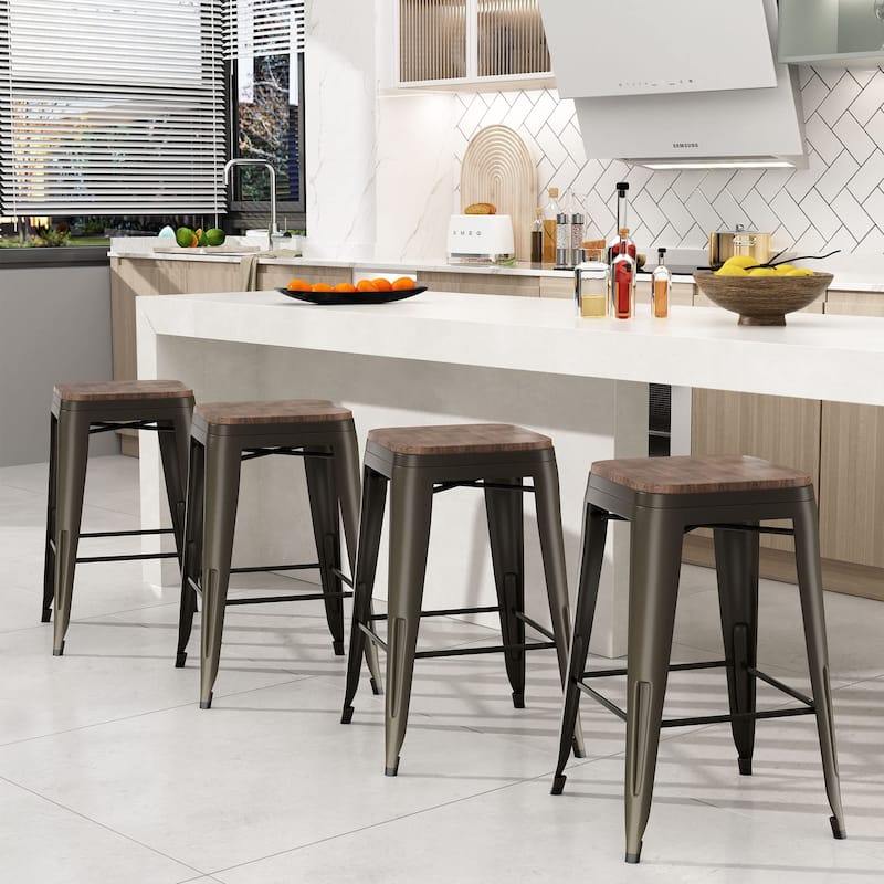 Bar Stools Set of 4 Stackable Metal Bar Stools Industrial Counter Height Stools Backless Barstools with Wooden Seats