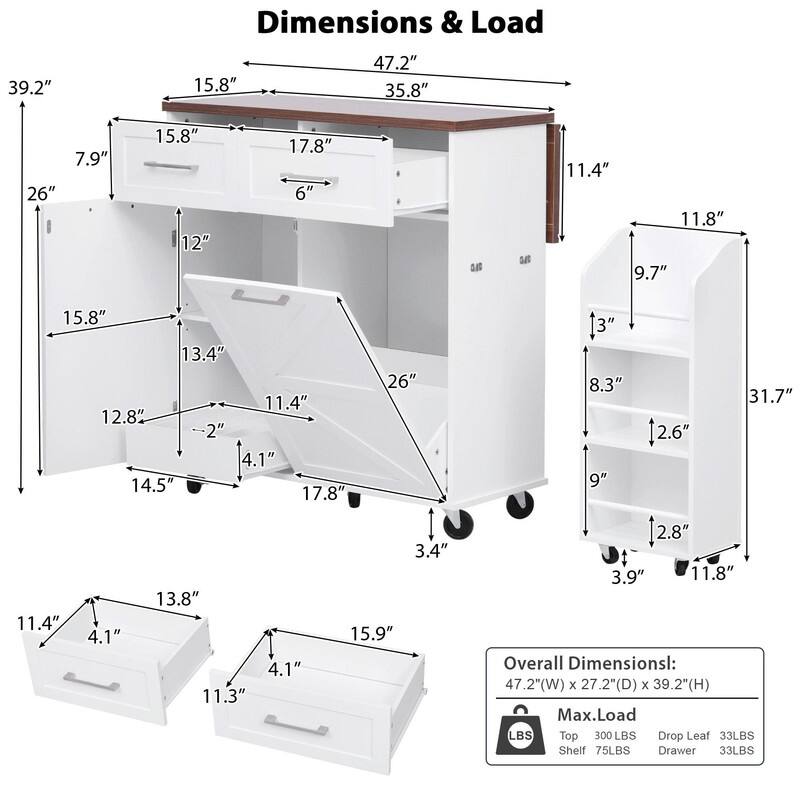47.2" Rolling Kitchen Island on 5 Wheels with Drop Leaf, Kitchen Island with 2 Drawers, Trash Can Storage