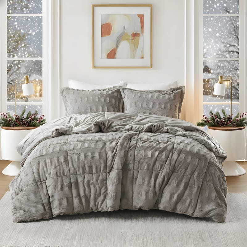 Madison Park Margot Back Print Long Fur Comforter Set - Gray - Twin XL