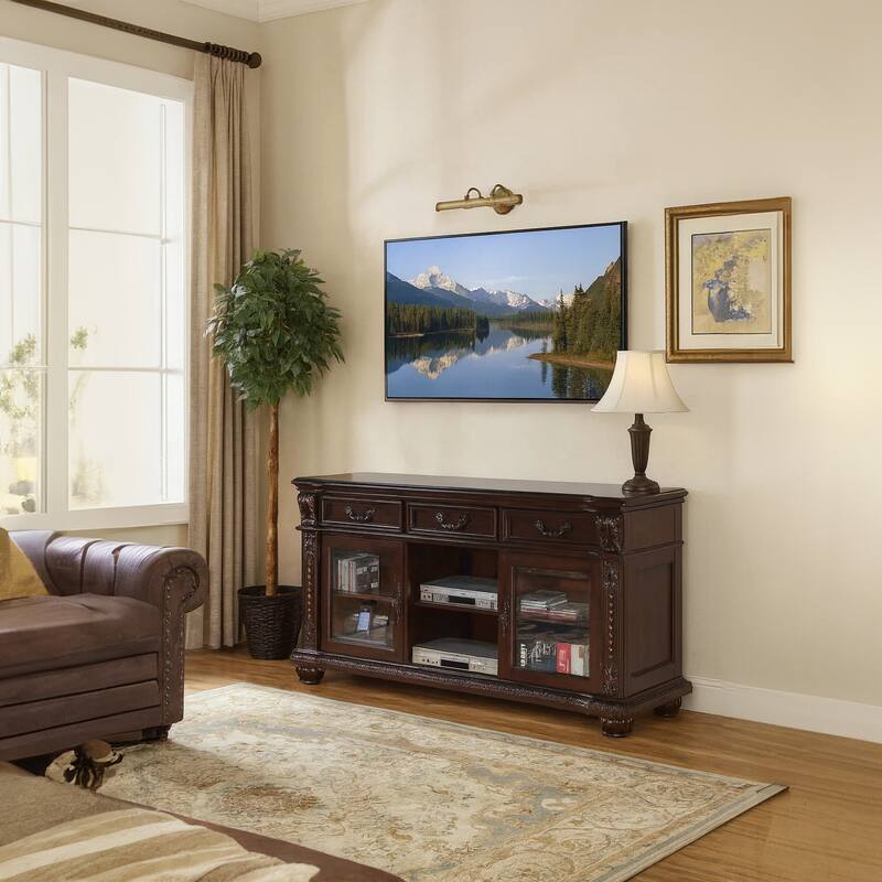 Spacious Poplar Wood TV stand with Traditional Carvings, Brown