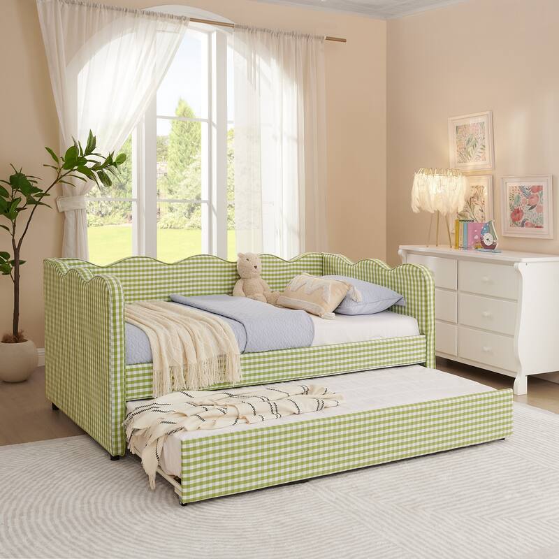 Linen Fabric Gingham Daybed with Trundle, Twin Size Sofa Bed with USB Port and Adorable Wave Shaped Headboard