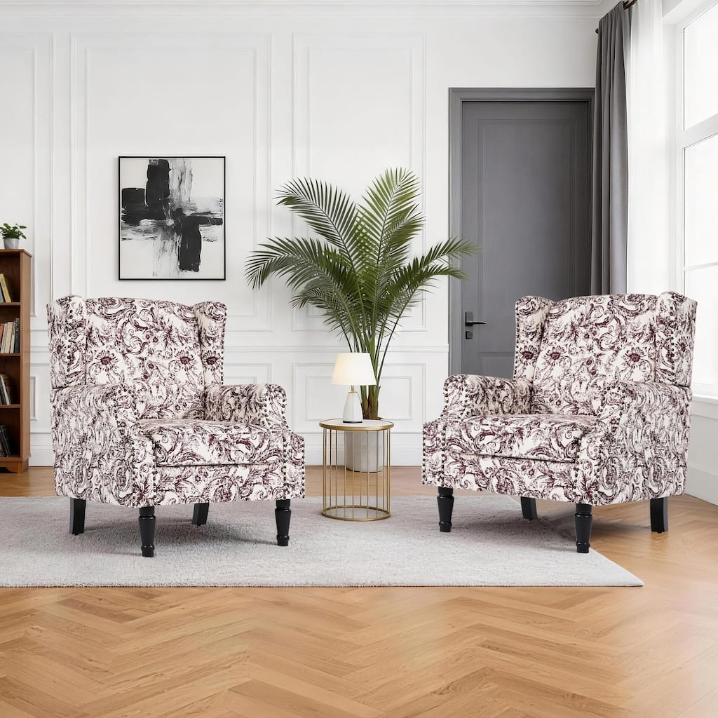 Floral Upholstered Wingback Accent Chairs with Nailhead Trim Set of 2
