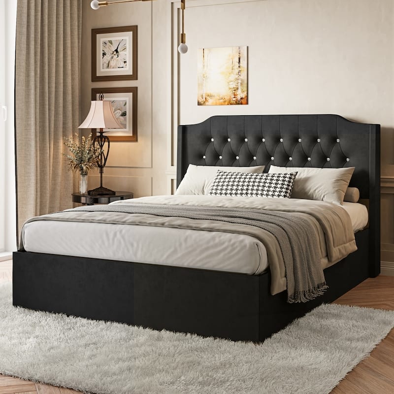 Tufted Upholstered Bed Frame with Crystal Button Accents