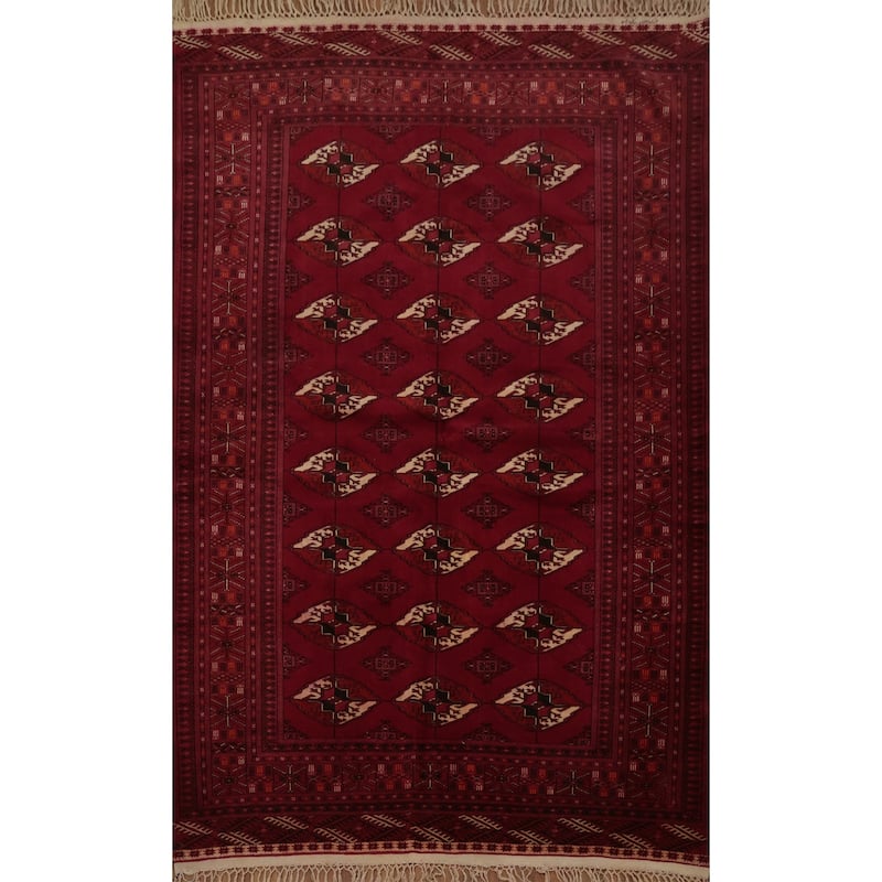 Hand Knotted Oriental 100% Wool Carpet Traditional Geometric Red Bokhara Area Rug - 5' 11'' X 4' 4''