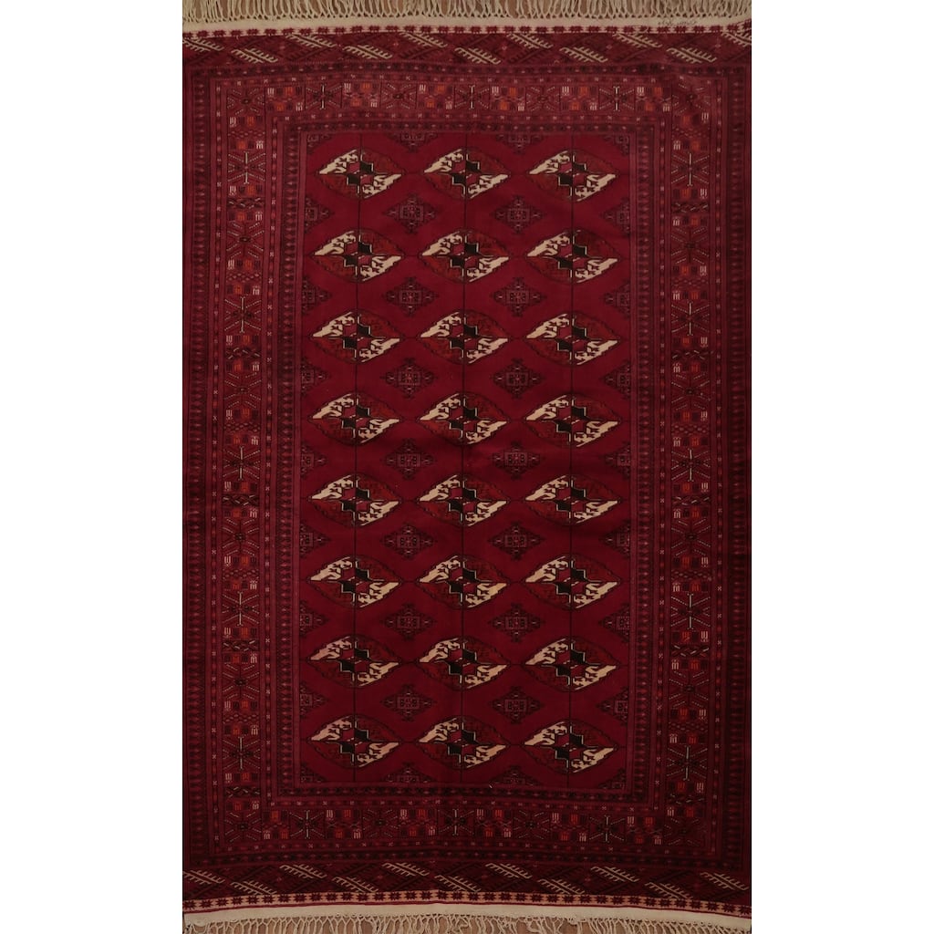 Hand Knotted Oriental 100% Wool Carpet Traditional Geometric Red Bokhara Area Rug - 5' 11'' X 4' 4''