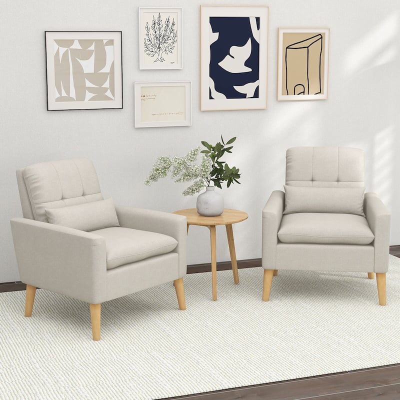 Gymax 2PCS Mid-century Accent Chair Linen Fabric Reading Armchair w/