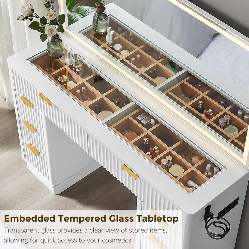 Modern Fluted Makeup Vanity Desk with Mirror, Lights, Charging Station