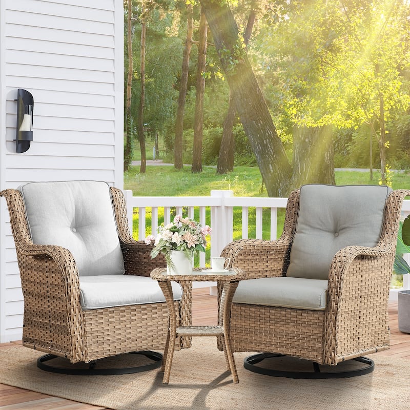 Outdoor Swivel Rocker Wicker Patio Chairs Set of 3 - Yellow - Beige
