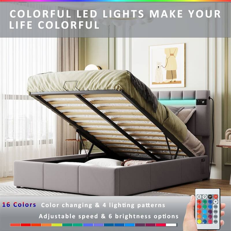 Merax Upholstered Hydraulic Storage Bed with LED light, Bluetooth Player and USB Charging