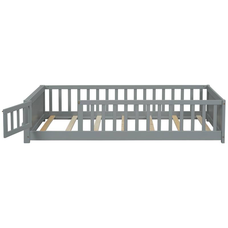 Twin size Floor Platform Bed with Built-in Book Storage Rack, Door
