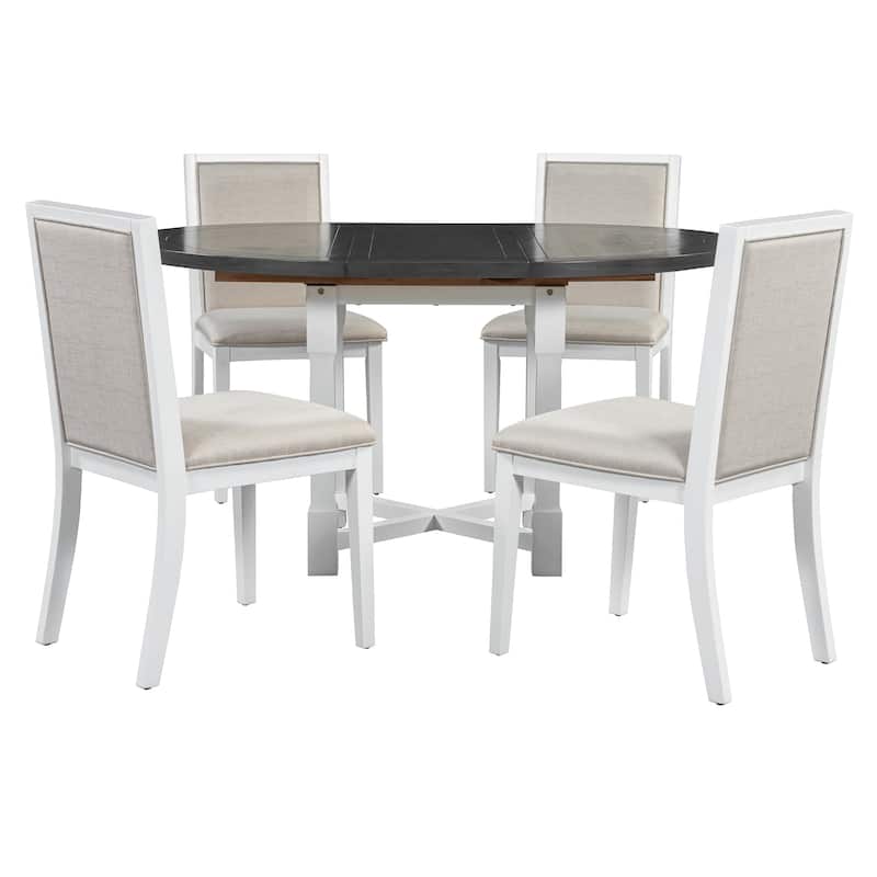 5 Pcs Round Extendable Dining Table Set with 4 Upholstered Chairs, Kitchen Table Set with Removable Leaf & Solid Wood Trestle