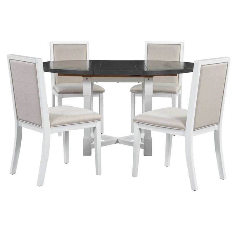 5-Piece Extendable Dining Table Set For 4,Round Dining Table For 4 With Upholstered Chairs,Farmhouse Kitchen Table