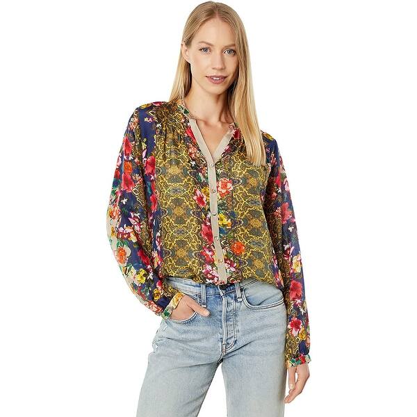 slide 1 of 1, Johnny Was Womens Multi Color Long Sleeve VNeck Button Down Print Blouse Top