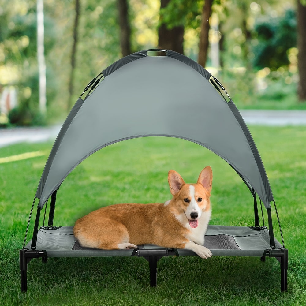 PawHut 36" x 30" Elevated Dog Cot Cooling Pet Bed With UV Protection Canopy Shade