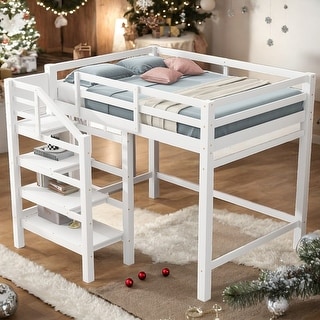 Stylish & Simple Full Size Loft Bed with Built-in Storage Staircase and Hanger for Clothes, Maximized Space, Sturdy Frame, White