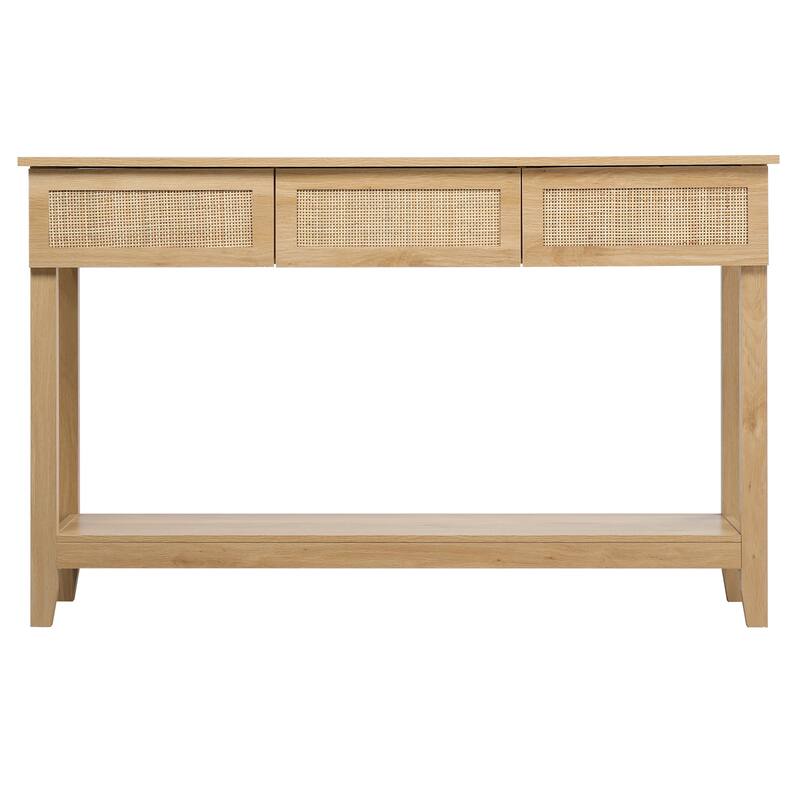 Natural Wood MDF Rattan Inspired Console Table with 3 Drawers and Shelf - 51.2 x 11.8 x 32 in - Natural wood
