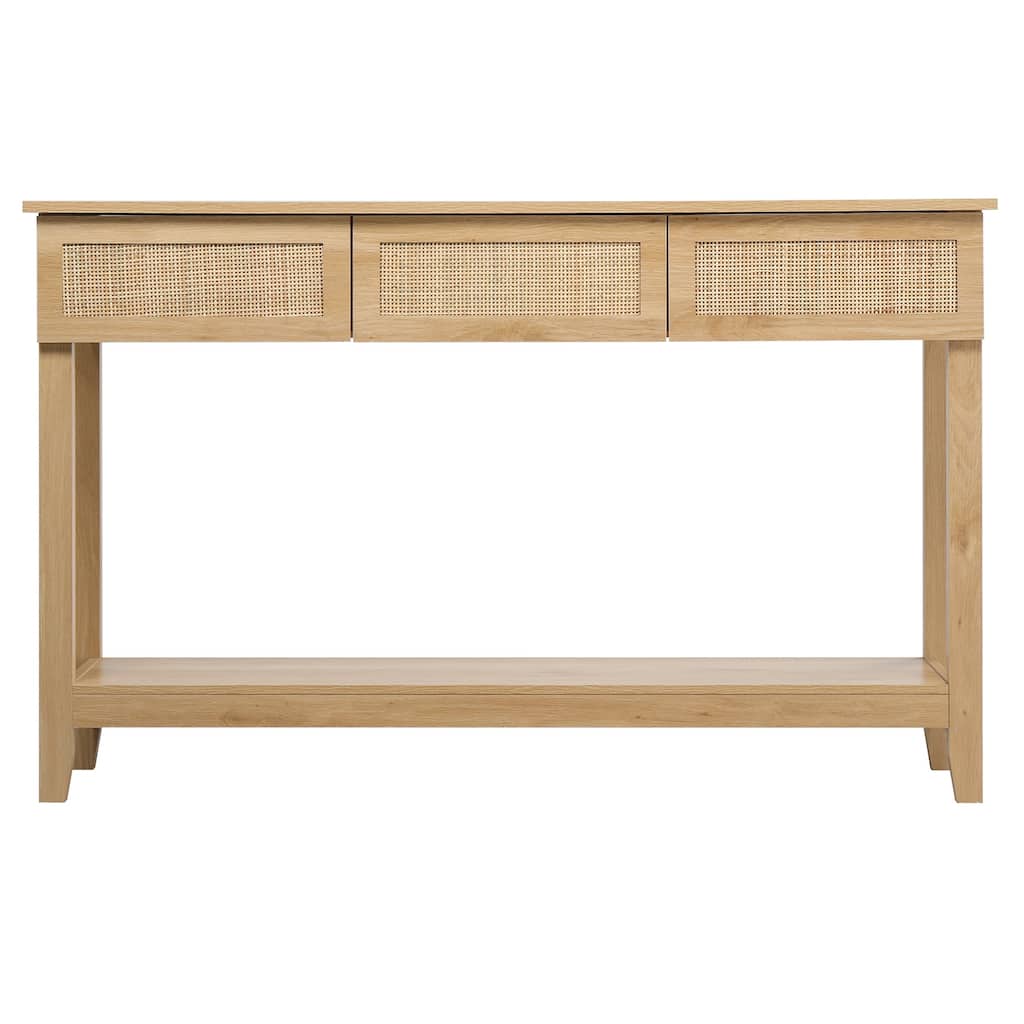 Natural Wood MDF Rattan Inspired Console Table with 3 Drawers and Shelf - 51.2 x 11.8 x 32 in