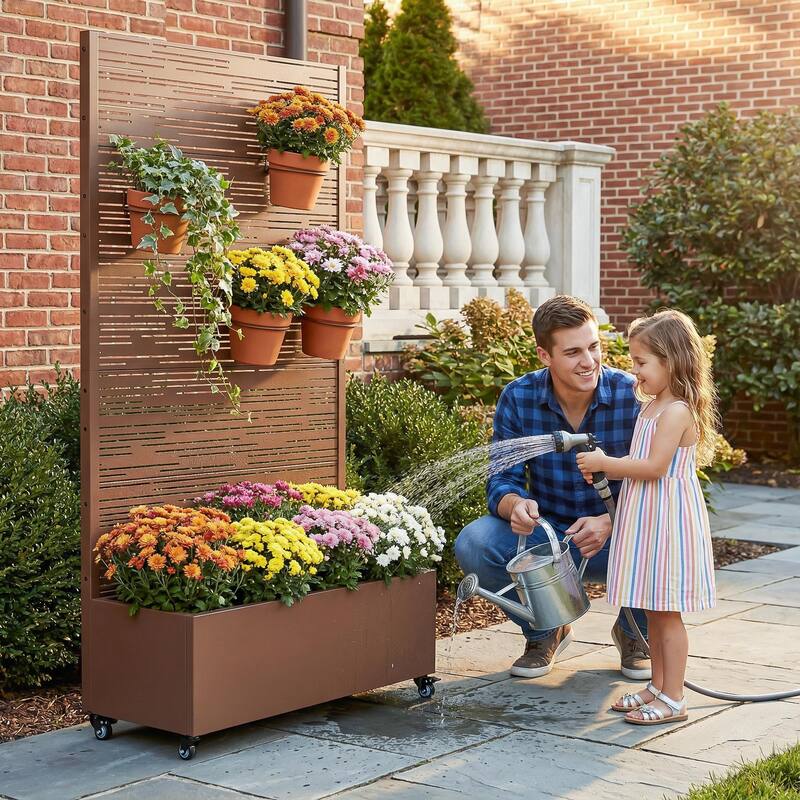 Raised Garden Bed Planter with Trellis Movable Planter Box with Lockable Wheels