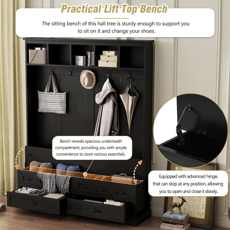 Entryway Hall Tree with Lift-Top Bench & Storage Drawers, Wooden 3-in-1 Coat Rack Shoe Cabinet with Anti-Tip