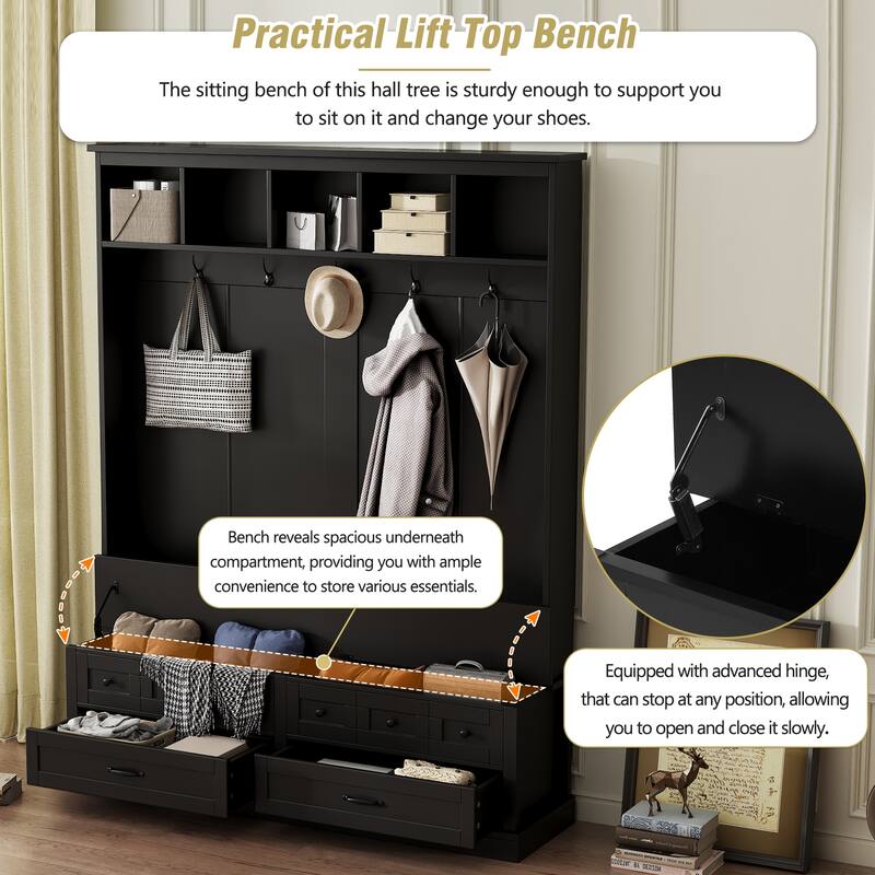 Modern Storage Rack with Black Handles, 5 Hooks, 3-in-1 Coat Rack with 2 Drawers, Ideal for Living Room, Entryway, Hallway