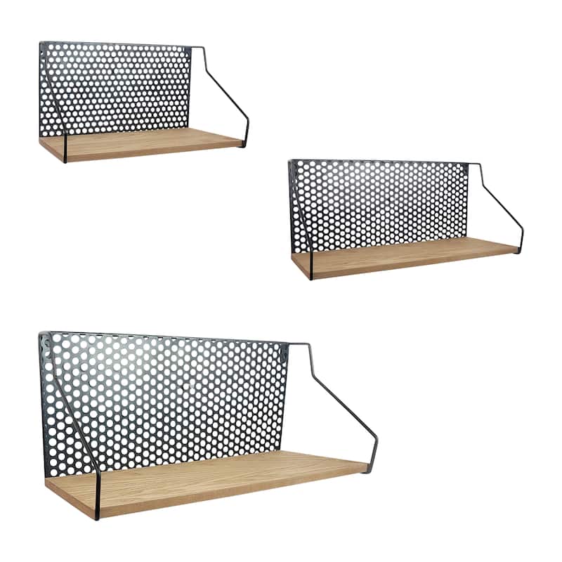 Sagebrook Home Industrial Set of 3 Metal/wood Natural/black Shelves - 24" x 7" x 9" - 24" x 7" x 9" - Perforated Brown
