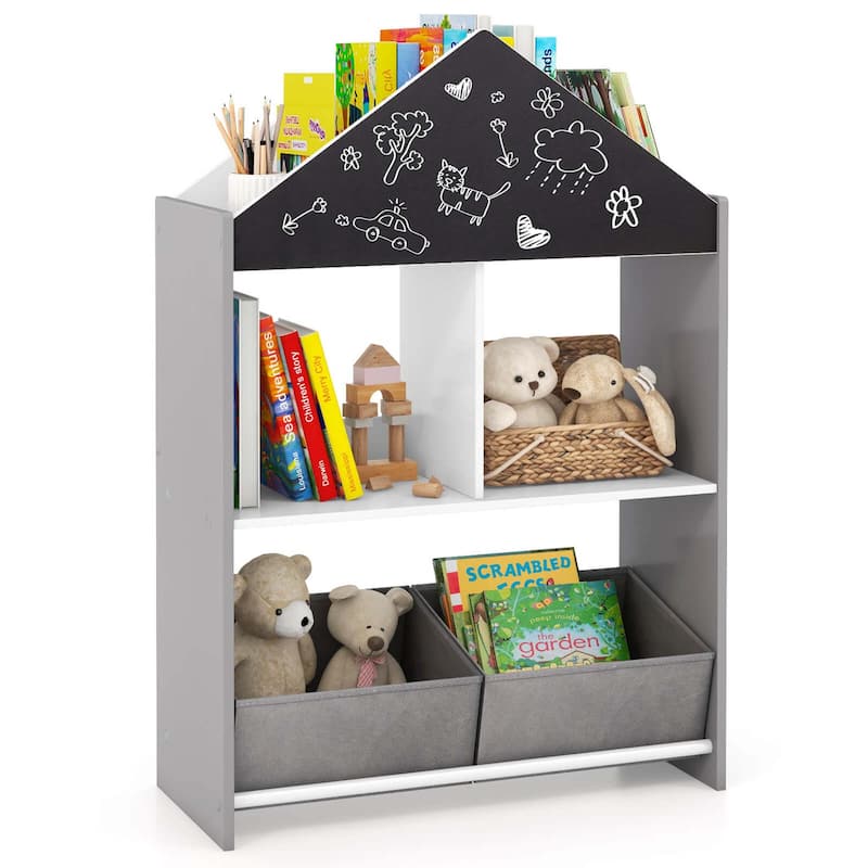 Costway Kids Dollhouse Bookshelf with Writable Chalkboard Whiteboard - See Details - Grey