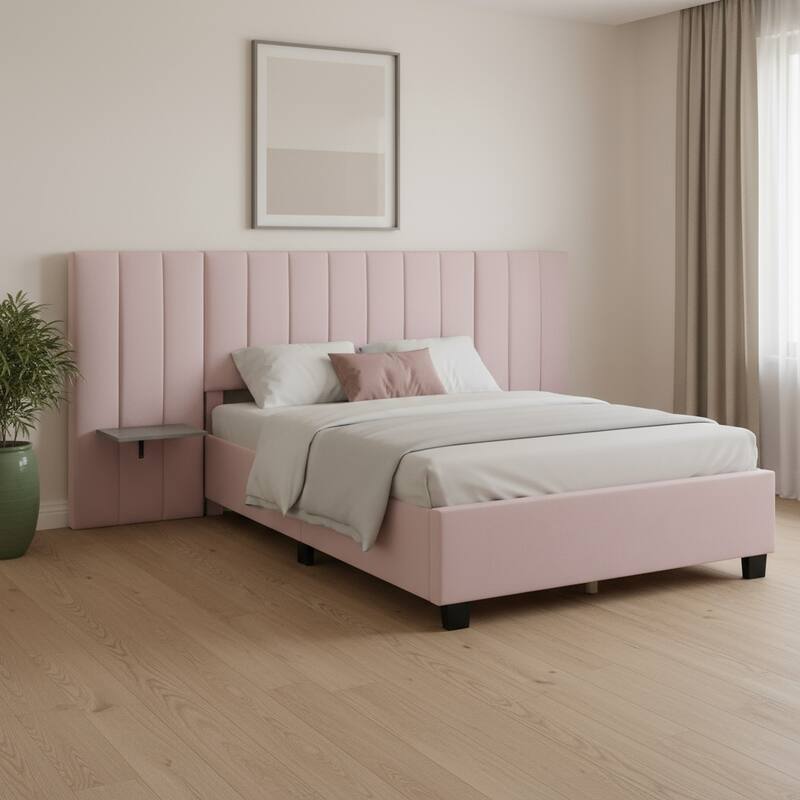 HomeRoots Pink Tufted Velvet Upholstered Lighted Full Bed Frame - Full