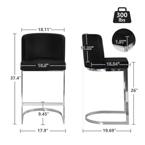 dimension image slide 1 of 13, 26-Inch Modern Upholstered Bar Stools, Counter Height Bar Stool - 18.11"W x 19.69"D x 37.4"H