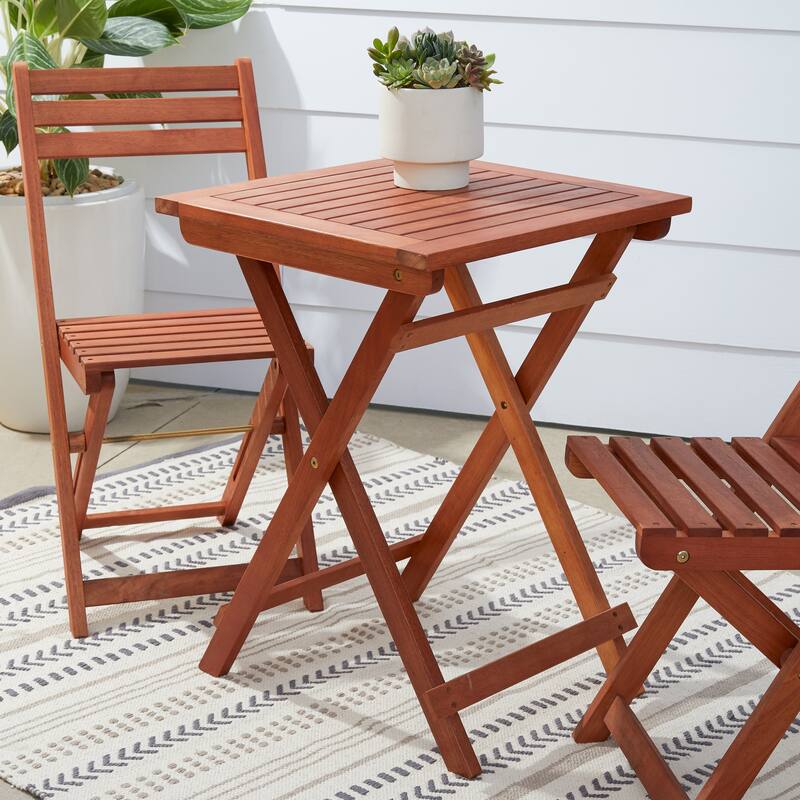 3 Piece Patio Folding Bistro Set Outdoor Eucalyptus Chair and Table Set for 2 People