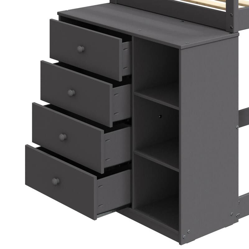 Twin over Twin Pine Frame Bunk Bed with Storage and 4 Drawers and 3 Open Compartments