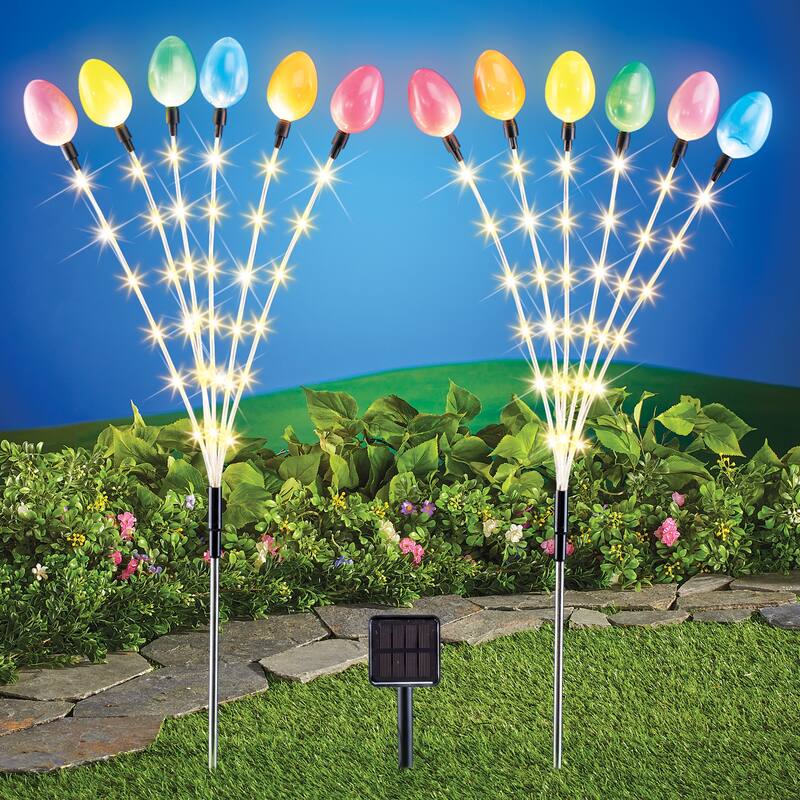 Solar Powered Colorful Easter Egg Garden Stakes - Set of 2 - 53 x 31 x 1.75 - Pink - Plastic