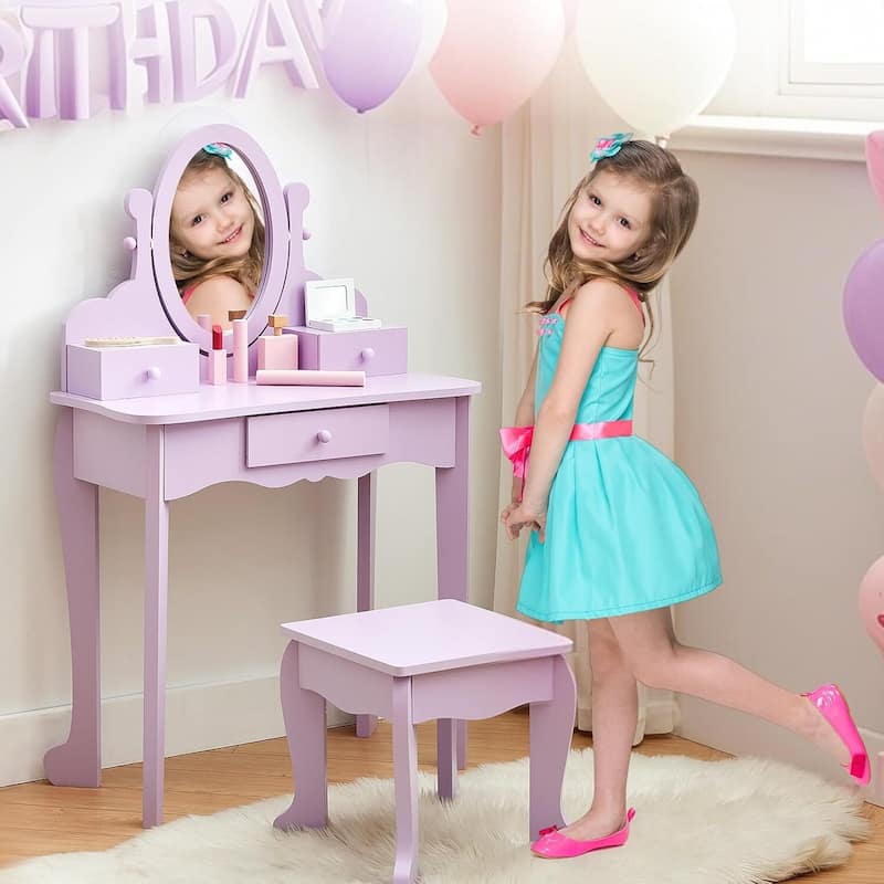 Girls Makeup Vanity Table Set with Stool, Dressup Playset