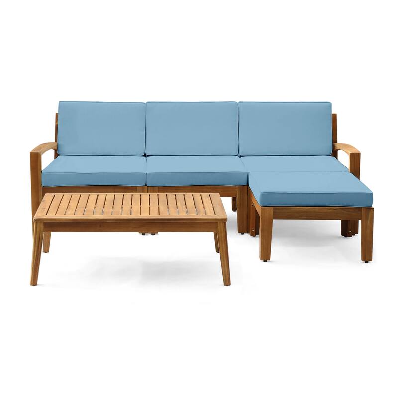 78" Outdoor Patio L-Shaped Acacia Wood Sectional Sofa Set with Coffee Table and Ottoman