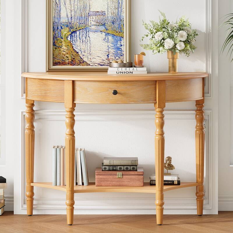 39" Farmhouse Half Moon Console Table with 1 Drawer and Shelf