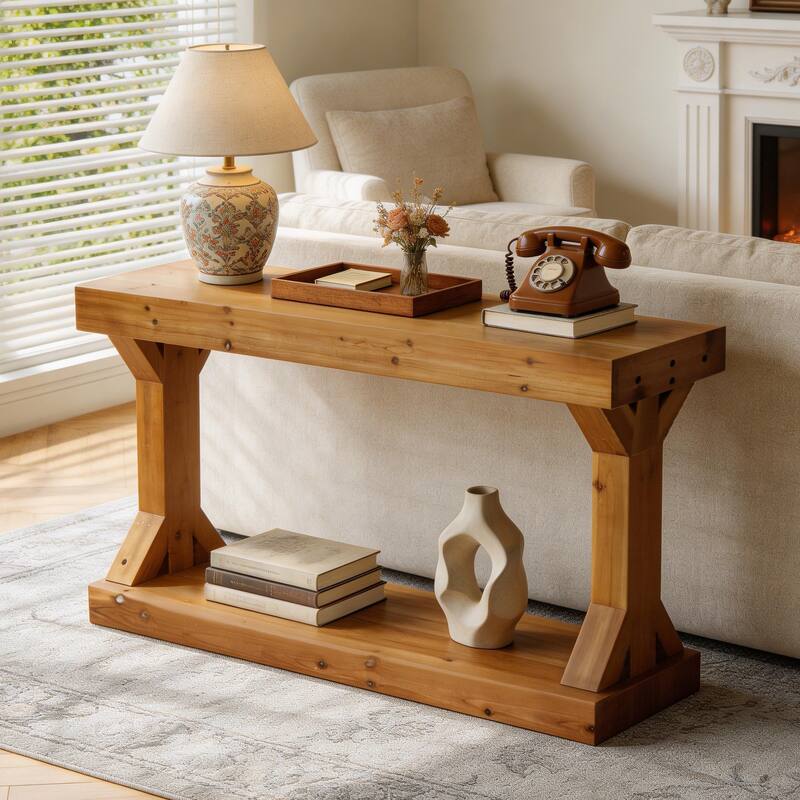 Solid Wood Console Table With Storage Shelf Farmhouse Wooden Entryway Sofa Table Behind Couch - Rustic Brown