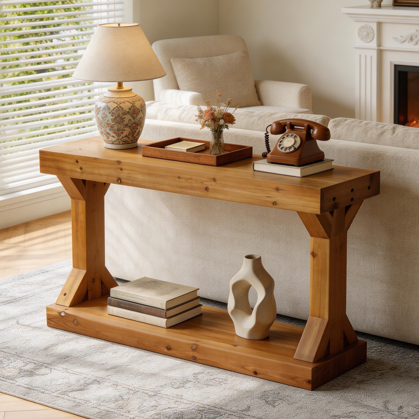 Solid Wood Console Table With Storage Shelf Farmhouse Wooden Entryway Sofa Table Behind Couch