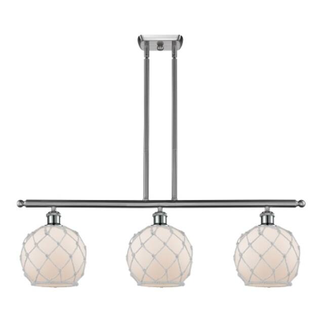 Innovations Lighting Farmhouse Rope 3 Light 36" Wide Linear Chandelier - Brushed Satin Nickel / White Glass with White Rope