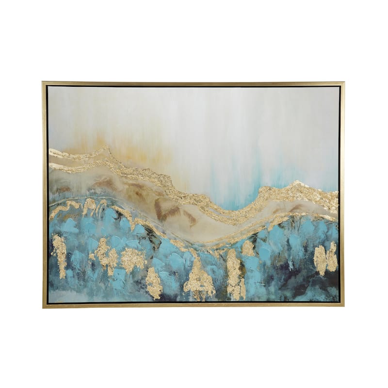 Canvas Abstract Wave Framed Wall Art with Gold Foil Accents - Blue - Roche River Decor