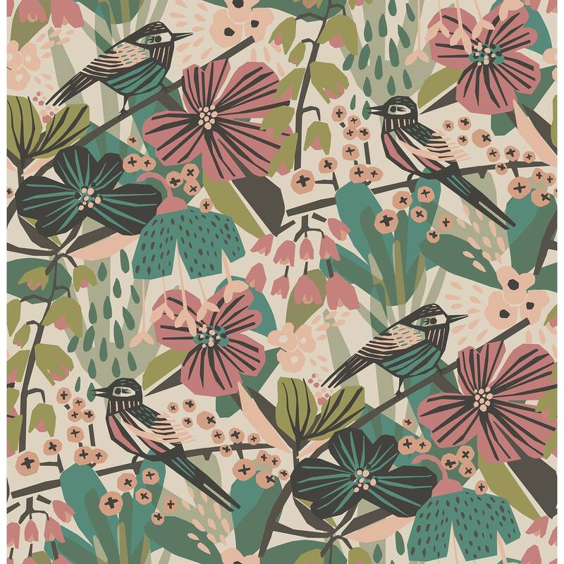 Pip & Lo Teal Pink Jaybird Peel & Stick Wallpaper