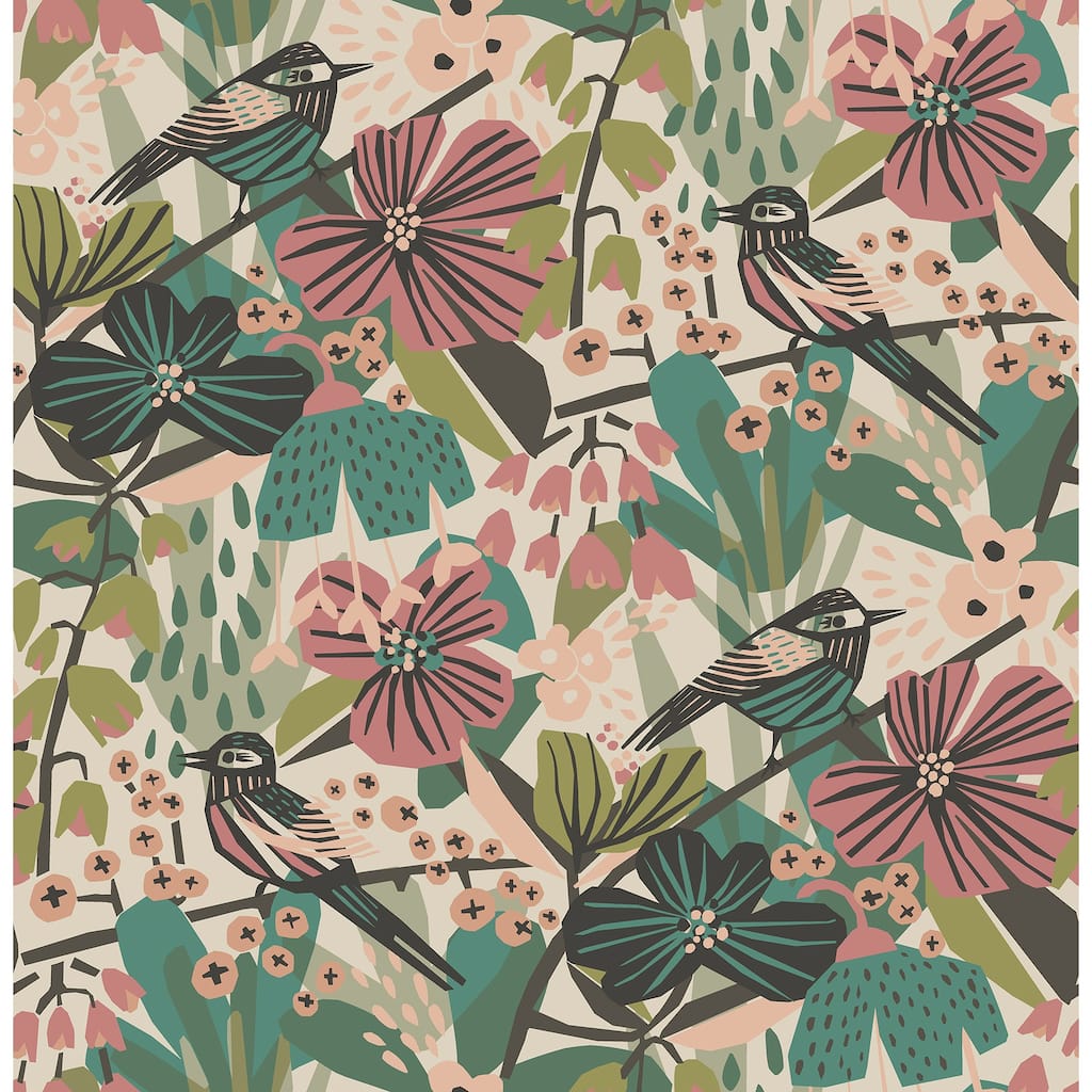 Pip & Lo Teal Pink Jaybird Peel & Stick Wallpaper