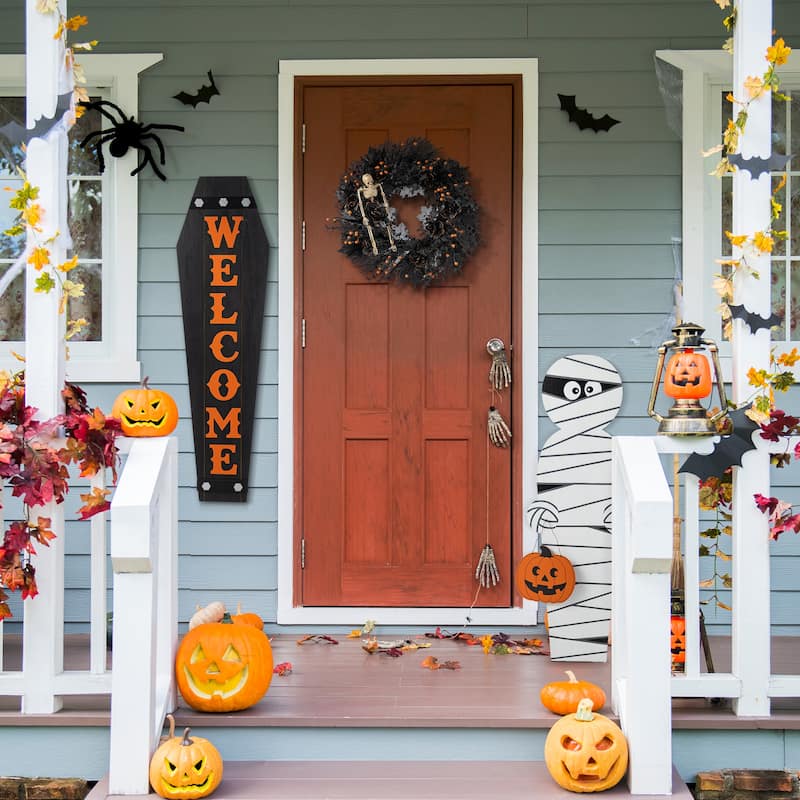 Glitzhome 38"H & 42"H Halloween Wood Mummy and Welcome Coffin Porch Decor, Two Function (S/2 or One Piece)