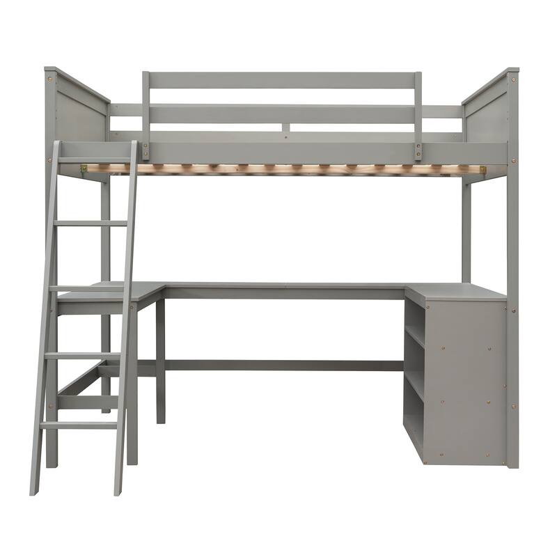 Full Pine Loft Bed with Desk, Shelves, and Guardrails