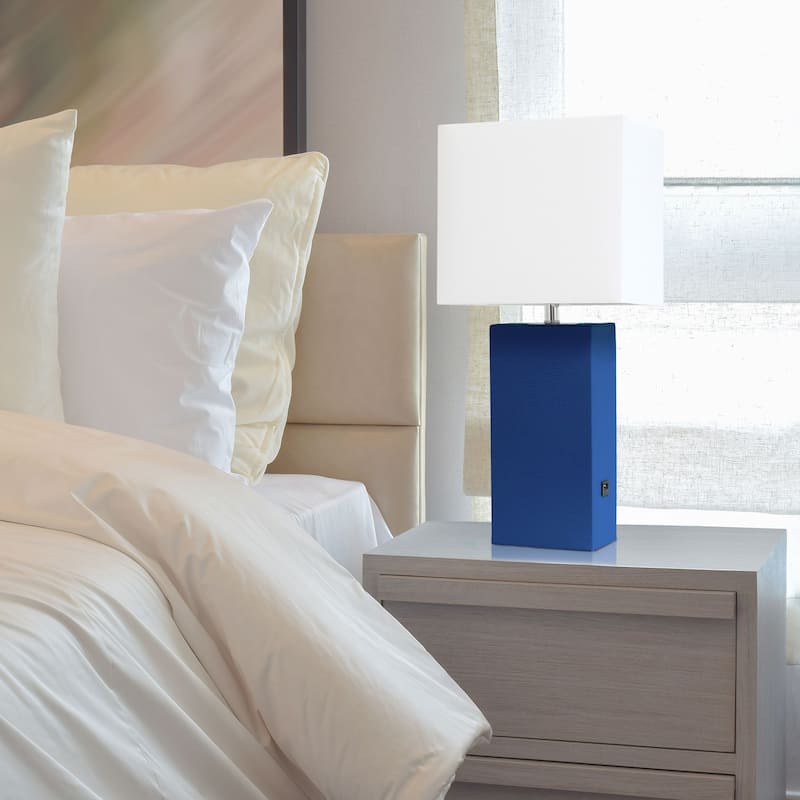 Modern Leather Table Lamp with USB and White Fabric Shade