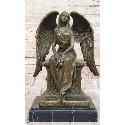 Seated Angel Bronze Sculpture By A. Moreau - Allegorical Guardian Angel Art