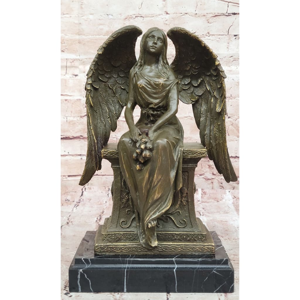 Seated Angel Bronze Sculpture By A. Moreau - Allegorical Guardian Angel Art