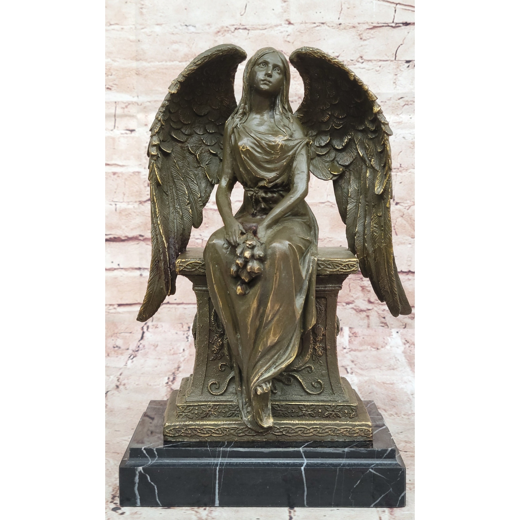 Seated Angel Bronze Sculpture By A. Moreau - Allegorical Guardian Angel Art