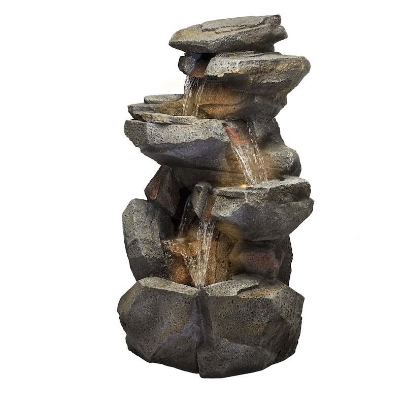 Alpine Corporation 40" Light Gray Outdoor 4 Tier Rock Water Fountain with LED Lights
