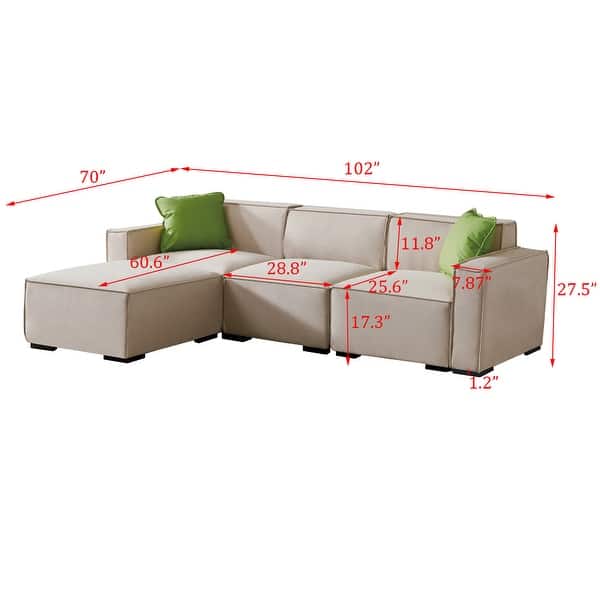 Deep Cushion LShape Sectional Sofa in Linen with Convertible Ottoman