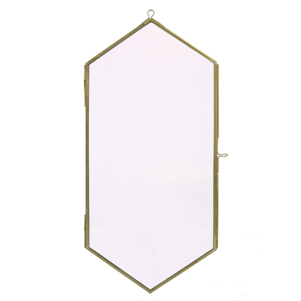 Hexagon Metal Wall Frame with Glass Panel Front and Latch, Large Brass