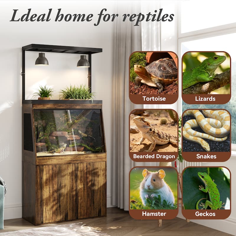 Multi-Functional Reptile Terrarium Cabinet with Sliding Glass Doors, Plant Shelf & Storage Base Vivarium Stand with Lighting Bar